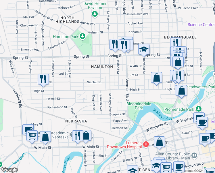 map of restaurants, bars, coffee shops, grocery stores, and more near 1110 High Street in Fort Wayne