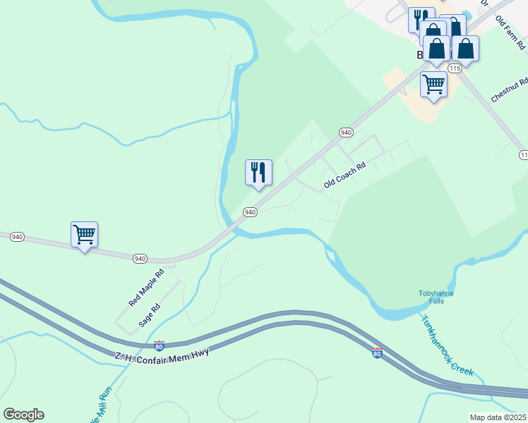 map of restaurants, bars, coffee shops, grocery stores, and more near 113 Snow Shoe Lane in Blakeslee