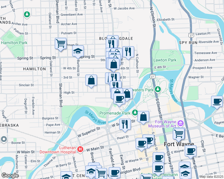 map of restaurants, bars, coffee shops, grocery stores, and more near 1225 Wells Street in Fort Wayne