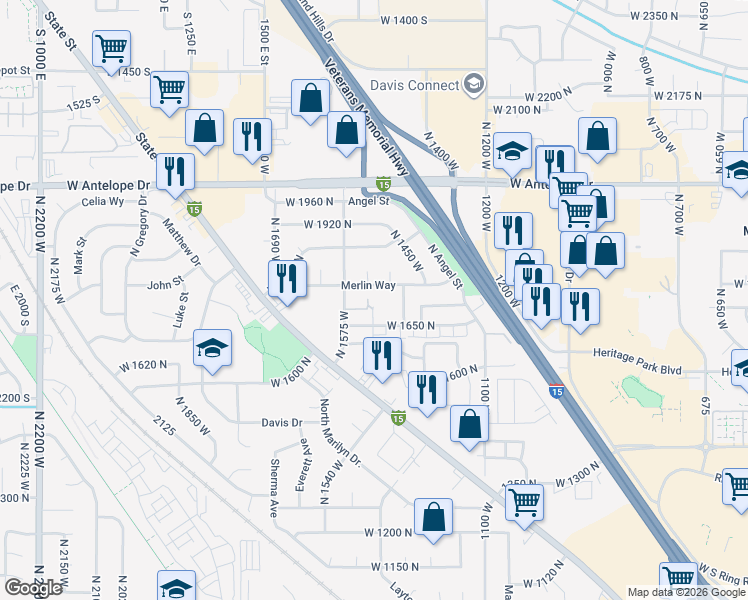map of restaurants, bars, coffee shops, grocery stores, and more near 1728 North 1500 West in Layton