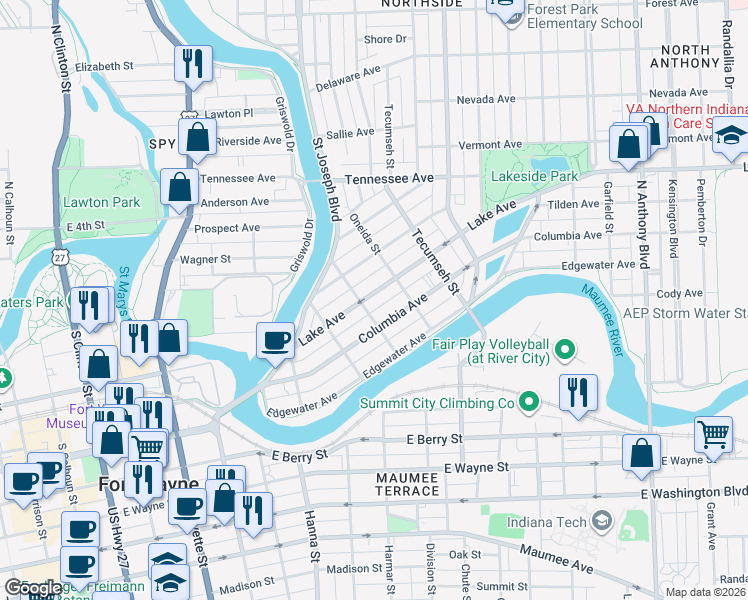 map of restaurants, bars, coffee shops, grocery stores, and more near 1012 Lake Avenue in Fort Wayne
