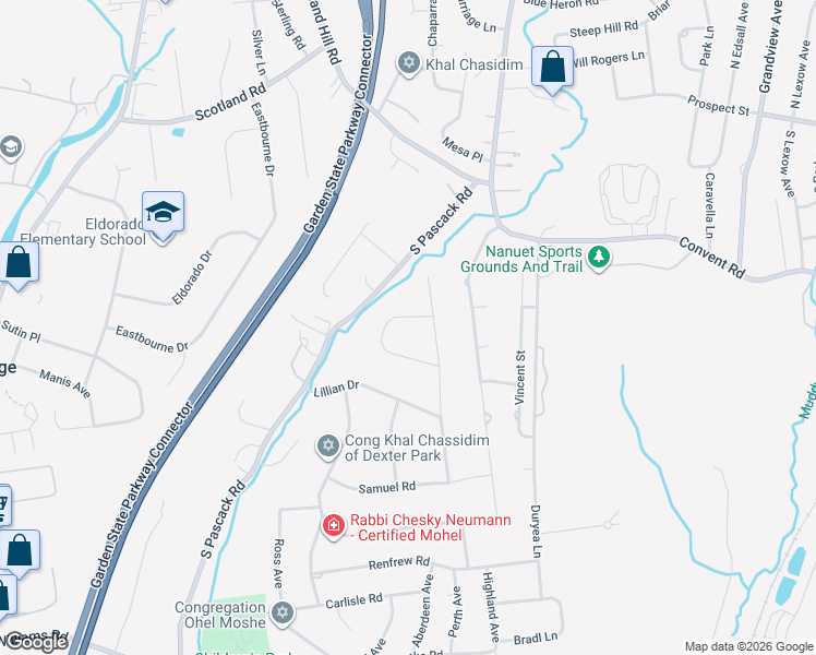 map of restaurants, bars, coffee shops, grocery stores, and more near 7 Castle Drive in Spring Valley