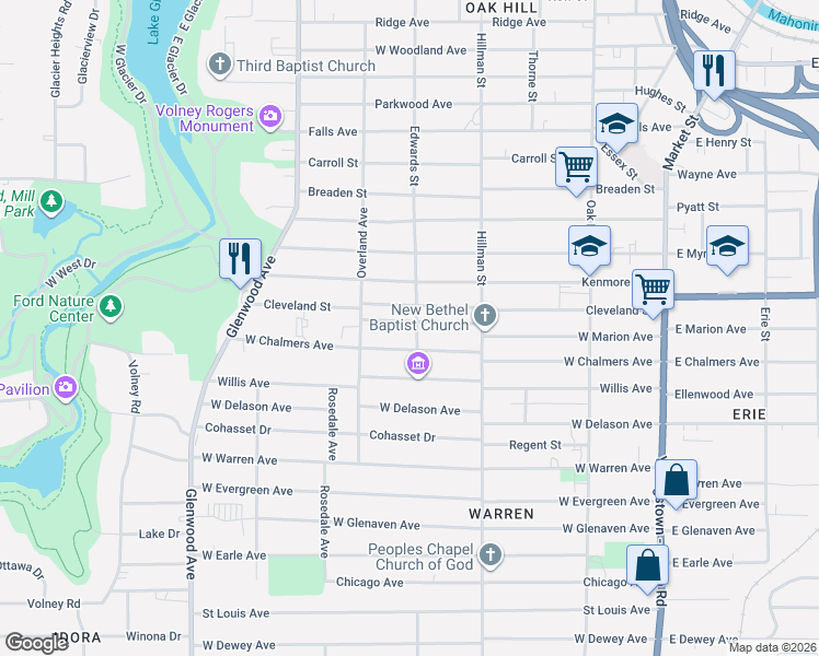 map of restaurants, bars, coffee shops, grocery stores, and more near 412 West Chalmers Avenue in Youngstown