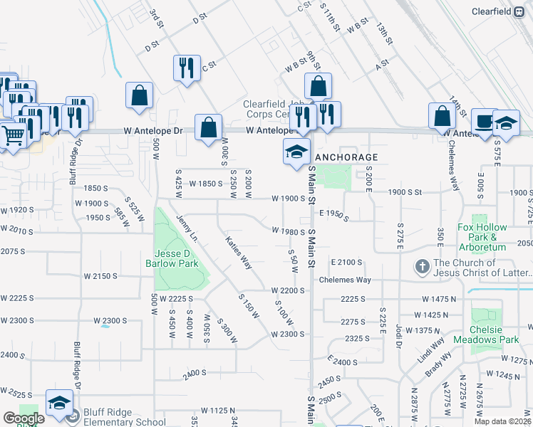 map of restaurants, bars, coffee shops, grocery stores, and more near 166 1980 South in Clearfield
