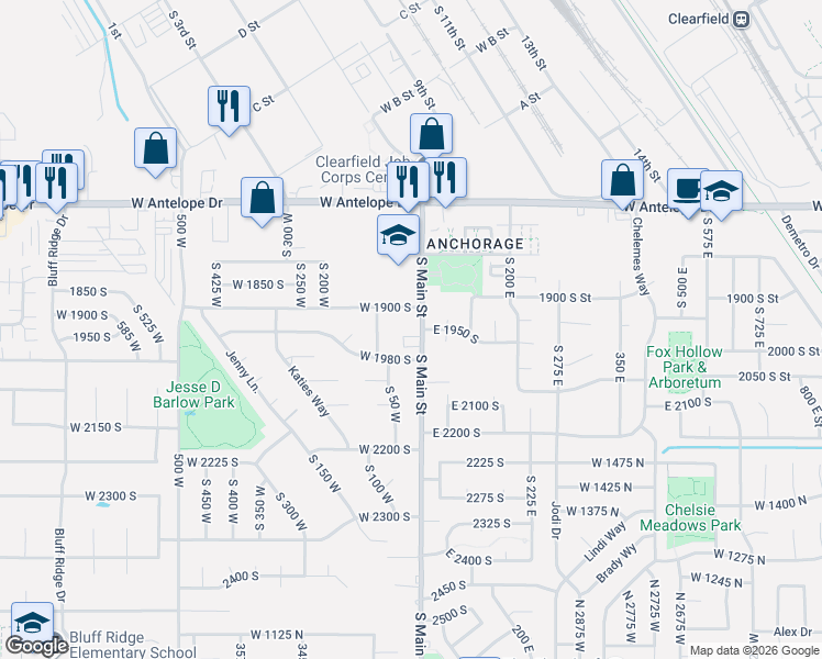 map of restaurants, bars, coffee shops, grocery stores, and more near 1940 South Main Street in Clearfield