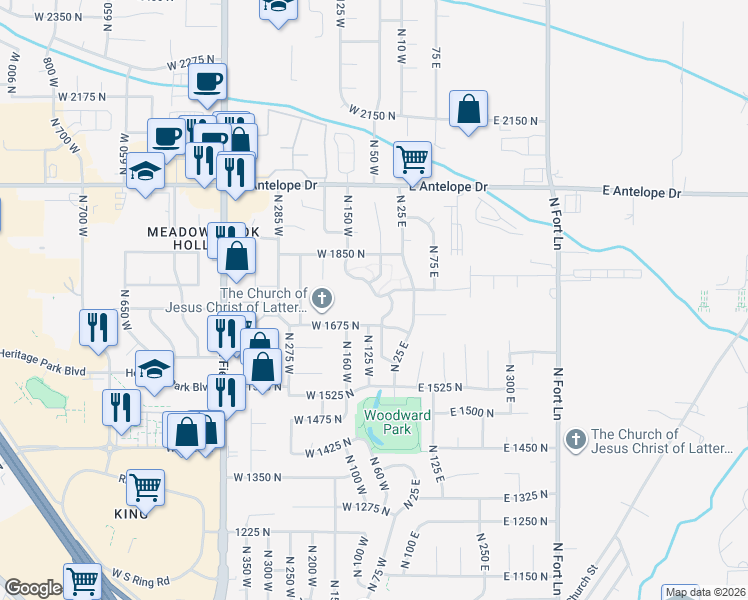 map of restaurants, bars, coffee shops, grocery stores, and more near 136 West 1675 North in Layton
