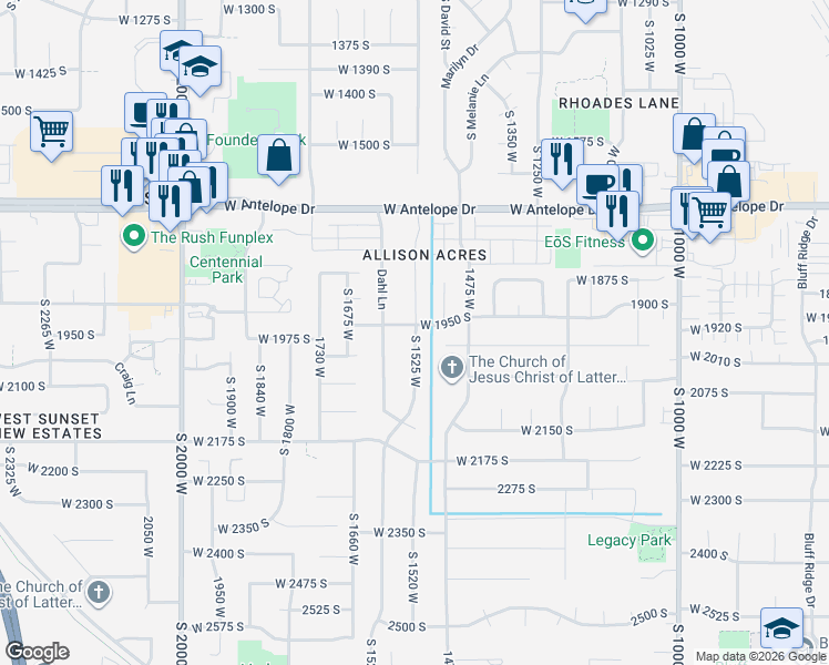 map of restaurants, bars, coffee shops, grocery stores, and more near 1963 South Allison Way in Syracuse