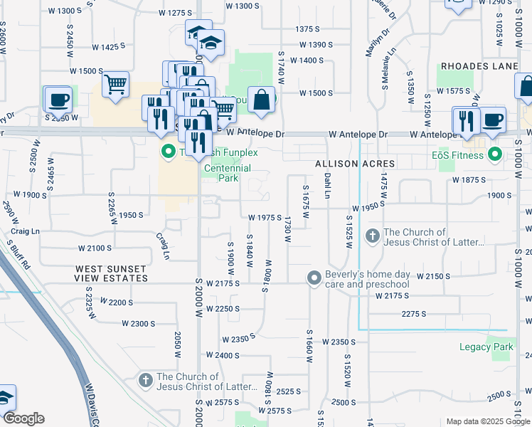 map of restaurants, bars, coffee shops, grocery stores, and more near 1804 West 1975 South in Syracuse