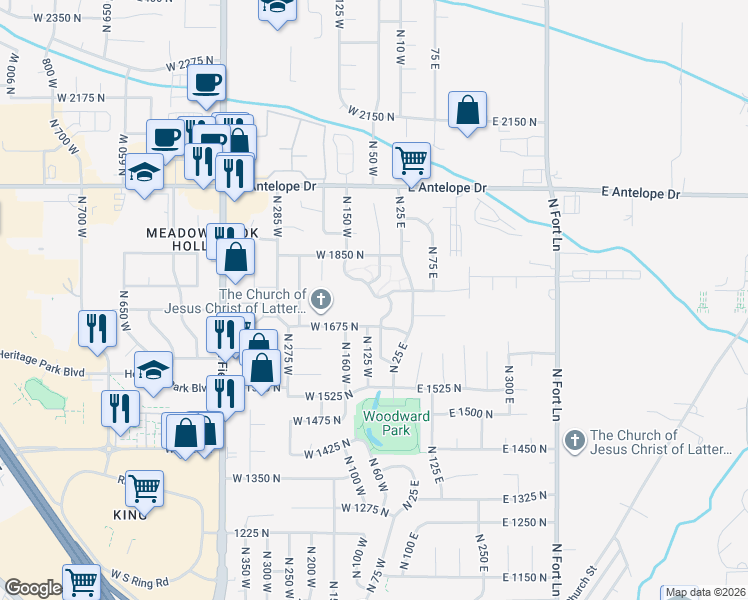 map of restaurants, bars, coffee shops, grocery stores, and more near 136 West 1675 North in Layton