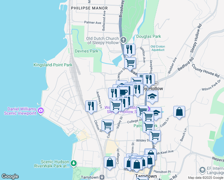 map of restaurants, bars, coffee shops, grocery stores, and more near 17 Teresa Street in Sleepy Hollow