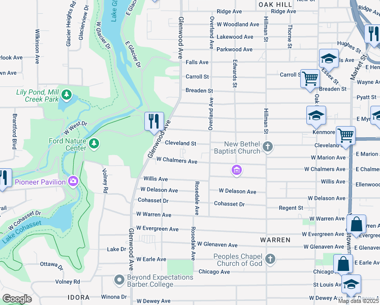 map of restaurants, bars, coffee shops, grocery stores, and more near 525 West Chalmers Avenue in Youngstown