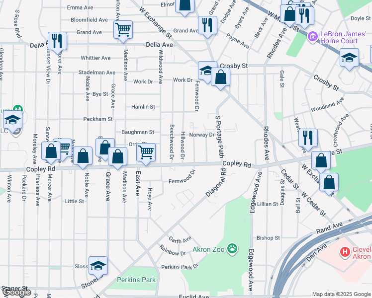 map of restaurants, bars, coffee shops, grocery stores, and more near 476 Hillwood Drive in Akron
