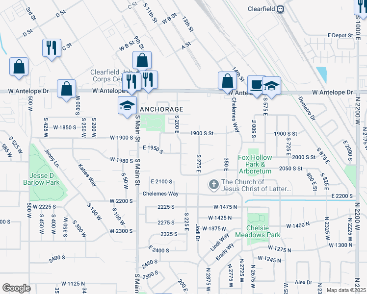 map of restaurants, bars, coffee shops, grocery stores, and more near 1941 South 200 East in Clearfield