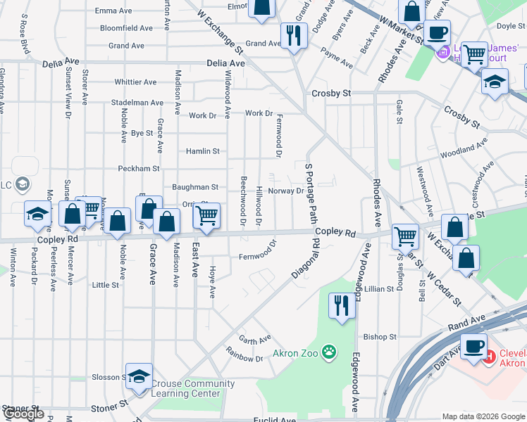 map of restaurants, bars, coffee shops, grocery stores, and more near 476 Hillwood Drive in Akron