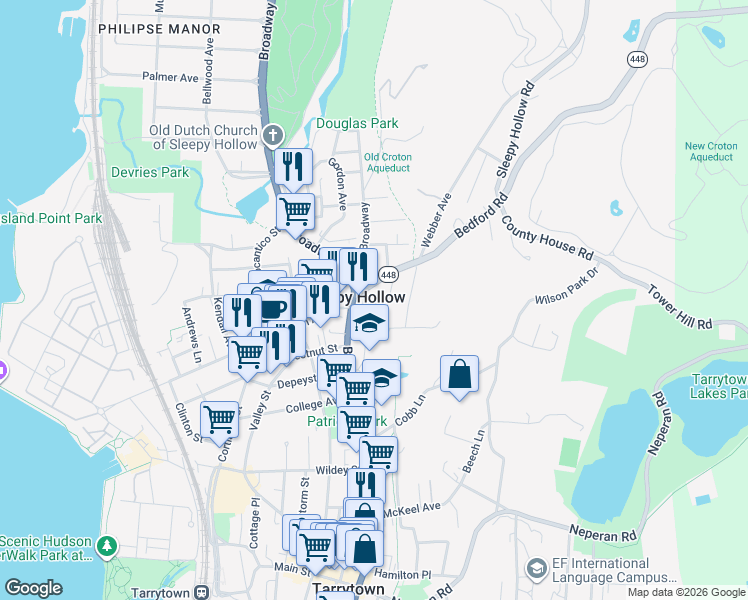 map of restaurants, bars, coffee shops, grocery stores, and more near 28 Hudson Terrace in Sleepy Hollow