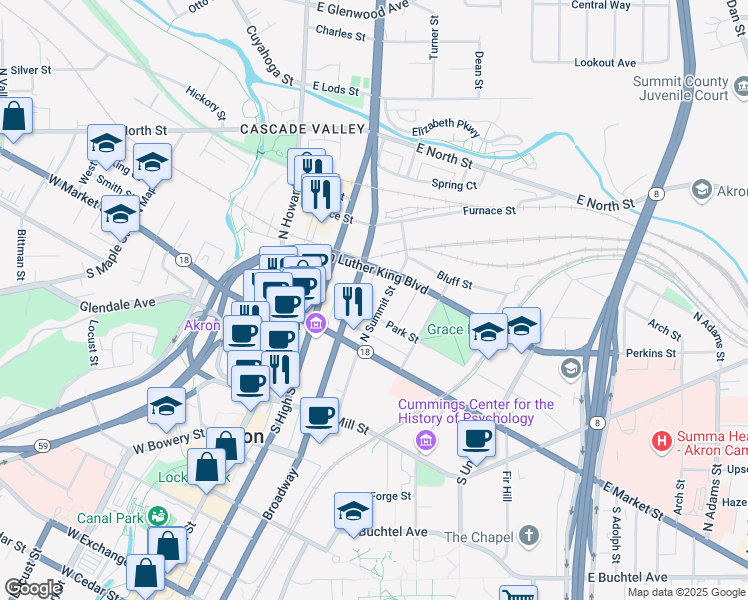 map of restaurants, bars, coffee shops, grocery stores, and more near 31 North Summit Street in Akron