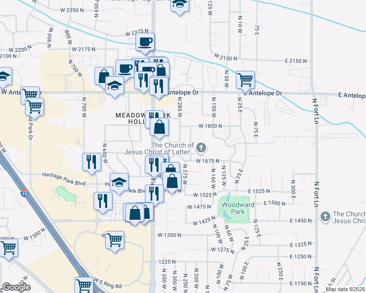 map of restaurants, bars, coffee shops, grocery stores, and more near 1691 North 250 West in Layton