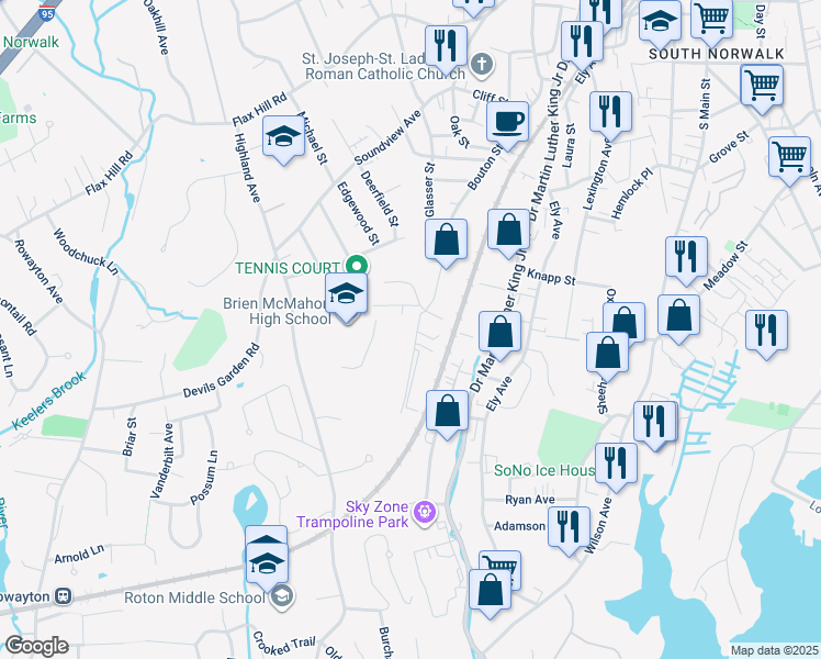 map of restaurants, bars, coffee shops, grocery stores, and more near 172 Bouton Street in Norwalk