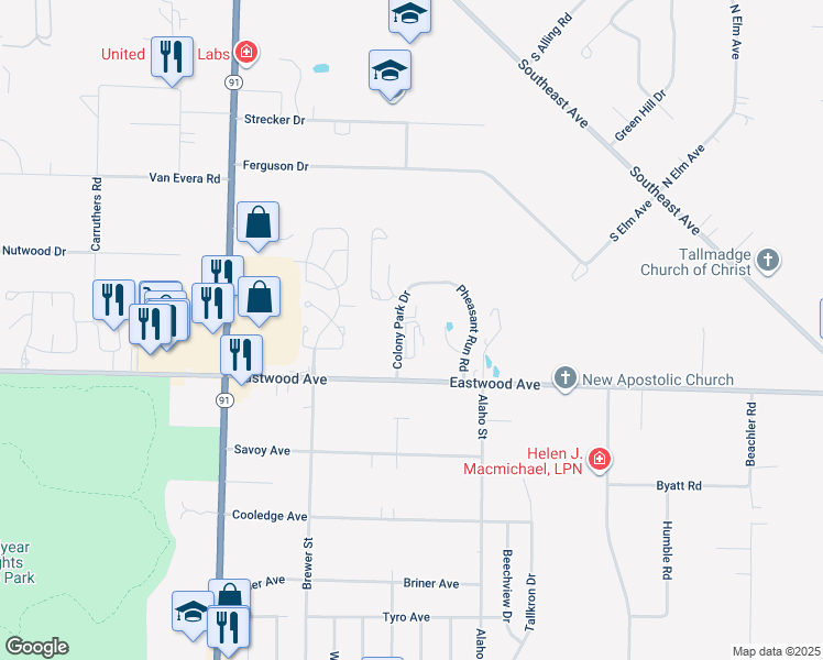 map of restaurants, bars, coffee shops, grocery stores, and more near 897 Colony Park Drive in Akron