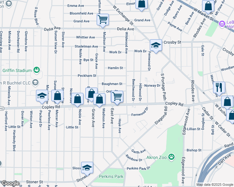 map of restaurants, bars, coffee shops, grocery stores, and more near 516 Ritchie Avenue in Akron