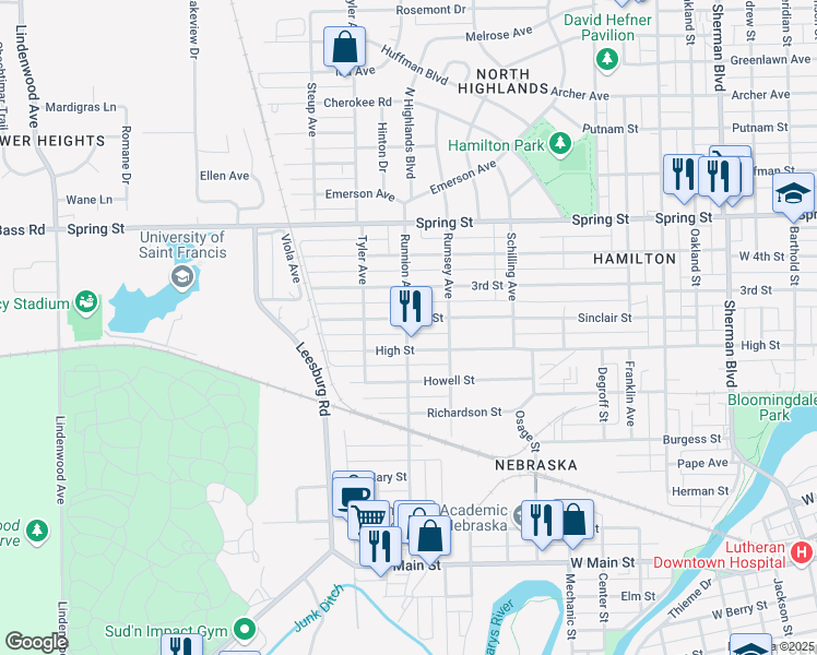 map of restaurants, bars, coffee shops, grocery stores, and more near 1728 High Street in Fort Wayne