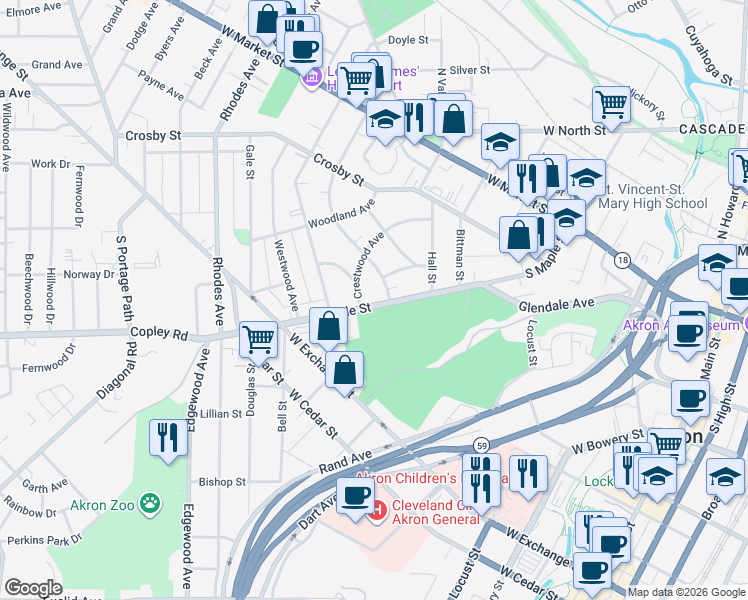 map of restaurants, bars, coffee shops, grocery stores, and more near 266 South Maple Street in Akron