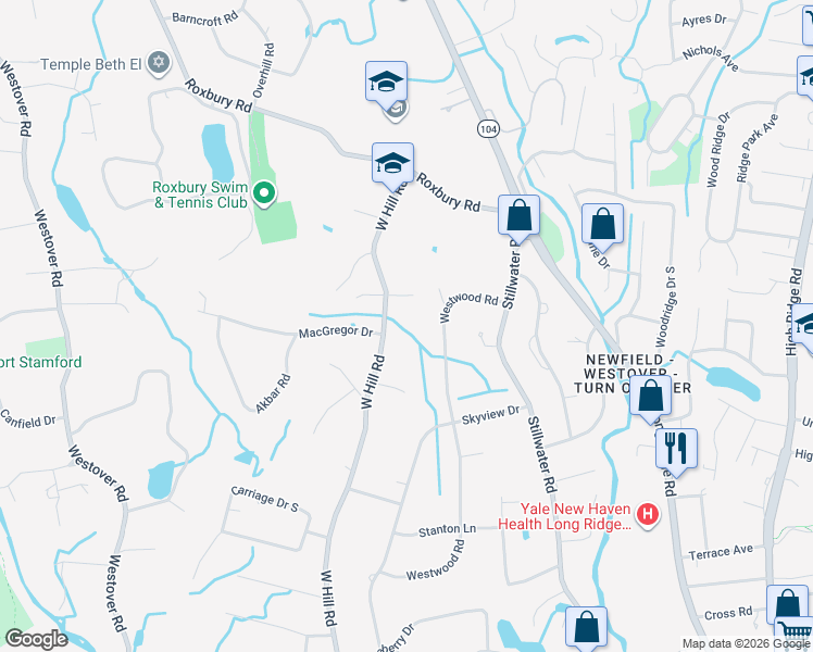 map of restaurants, bars, coffee shops, grocery stores, and more near 633 West Hill Road in Stamford