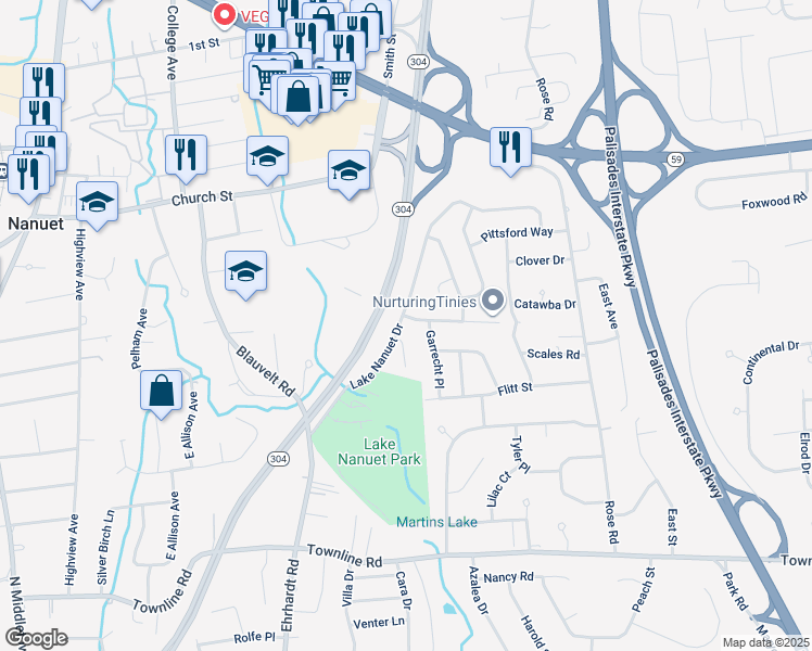 map of restaurants, bars, coffee shops, grocery stores, and more near 37 Lake Nanuet Drive in Nanuet