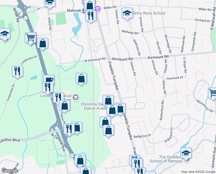 map of restaurants, bars, coffee shops, grocery stores, and more near 350 Franklin Turnpike in Mahwah