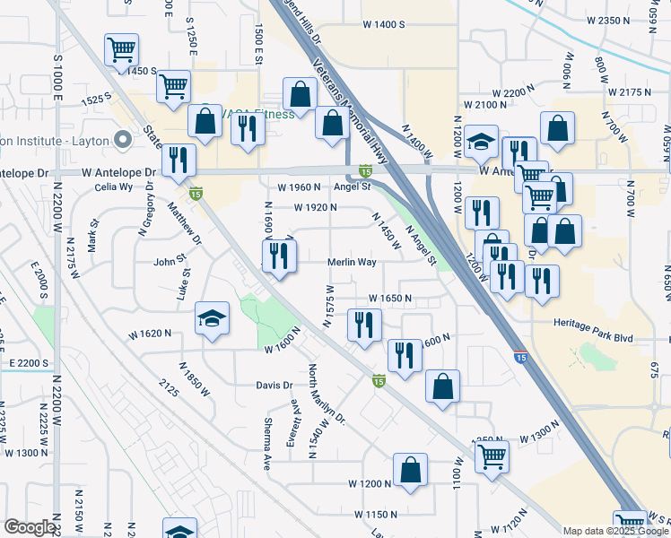 map of restaurants, bars, coffee shops, grocery stores, and more near 1740 North 1575 West in Layton