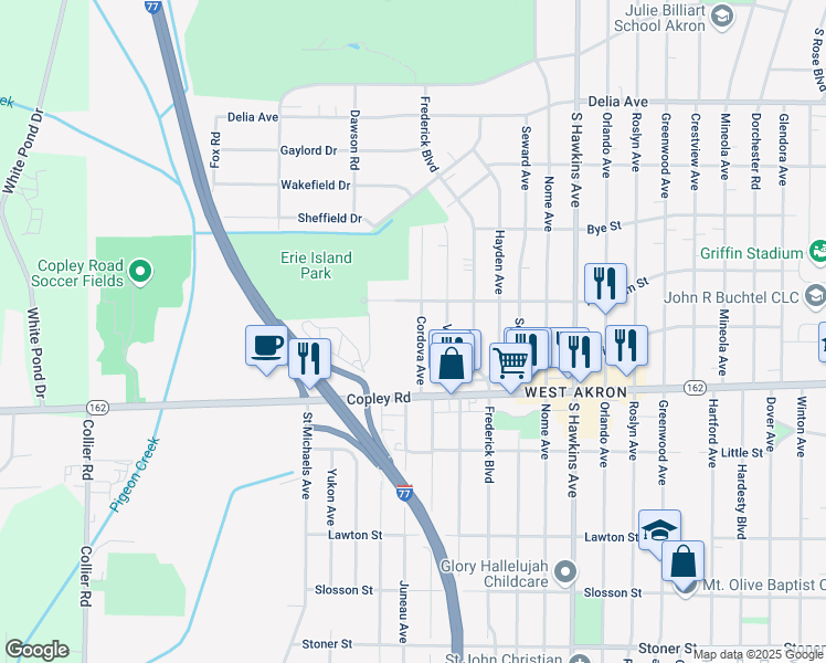 map of restaurants, bars, coffee shops, grocery stores, and more near 896 Cordova Avenue in Akron