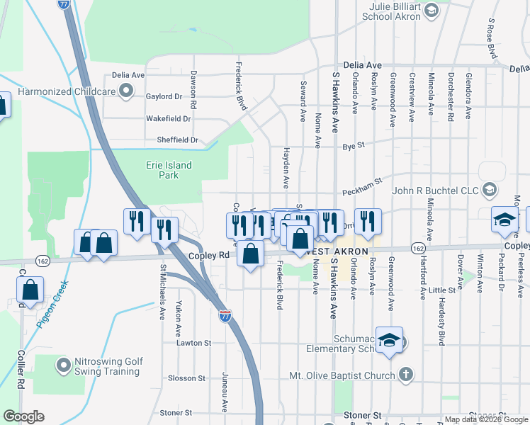 map of restaurants, bars, coffee shops, grocery stores, and more near 891 Frederick Boulevard in Akron