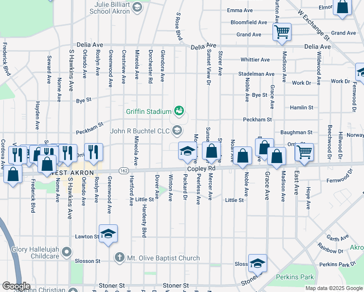 map of restaurants, bars, coffee shops, grocery stores, and more near 1040 Copley Road in Akron