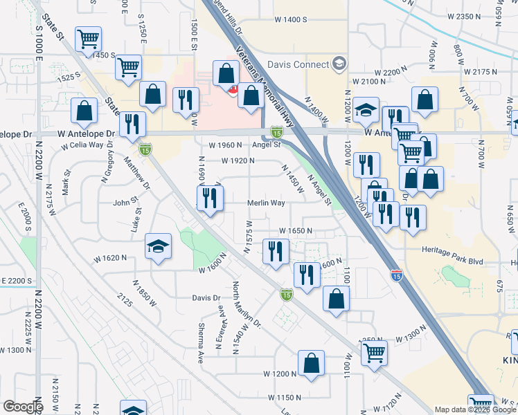 map of restaurants, bars, coffee shops, grocery stores, and more near 1545 Merlin Way in Layton