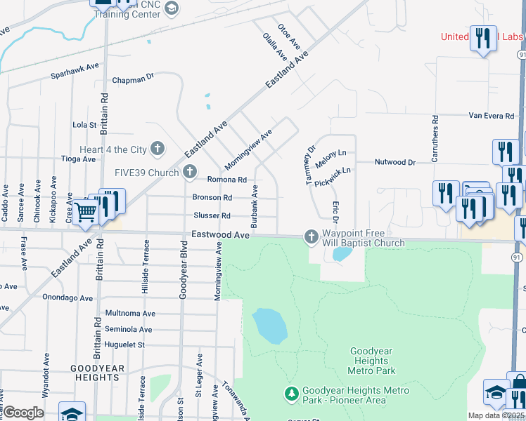 map of restaurants, bars, coffee shops, grocery stores, and more near 877 Burbank Avenue in Akron