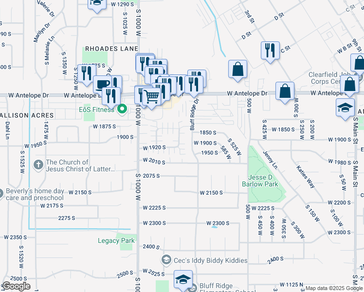 map of restaurants, bars, coffee shops, grocery stores, and more near 1981 800 West in Clearfield
