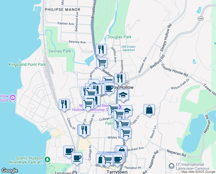 map of restaurants, bars, coffee shops, grocery stores, and more near 34 Beekman Avenue in Sleepy Hollow