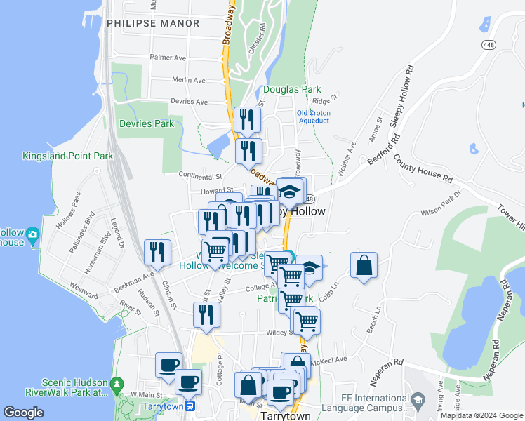 map of restaurants, bars, coffee shops, grocery stores, and more near 34 Beekman Avenue in Sleepy Hollow
