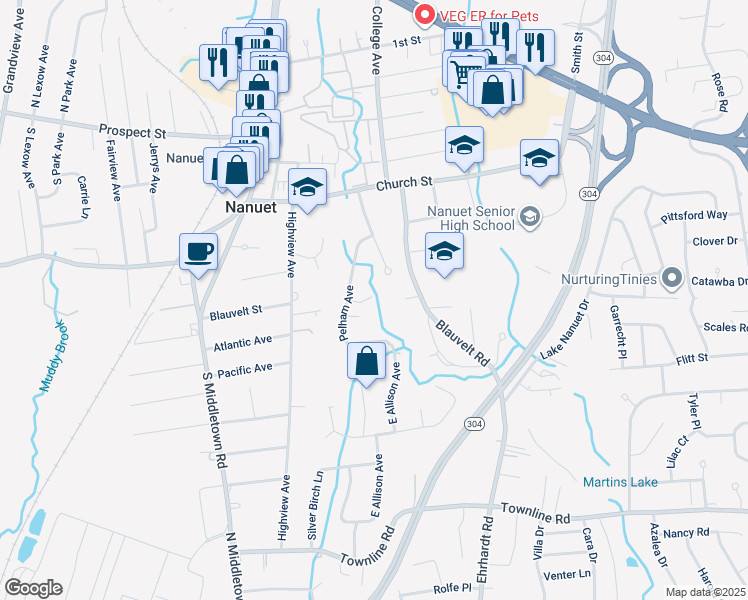 map of restaurants, bars, coffee shops, grocery stores, and more near 6 Pelham Court in Nanuet