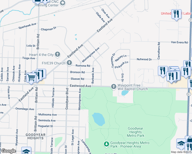 map of restaurants, bars, coffee shops, grocery stores, and more near 877 Burbank Avenue in Akron