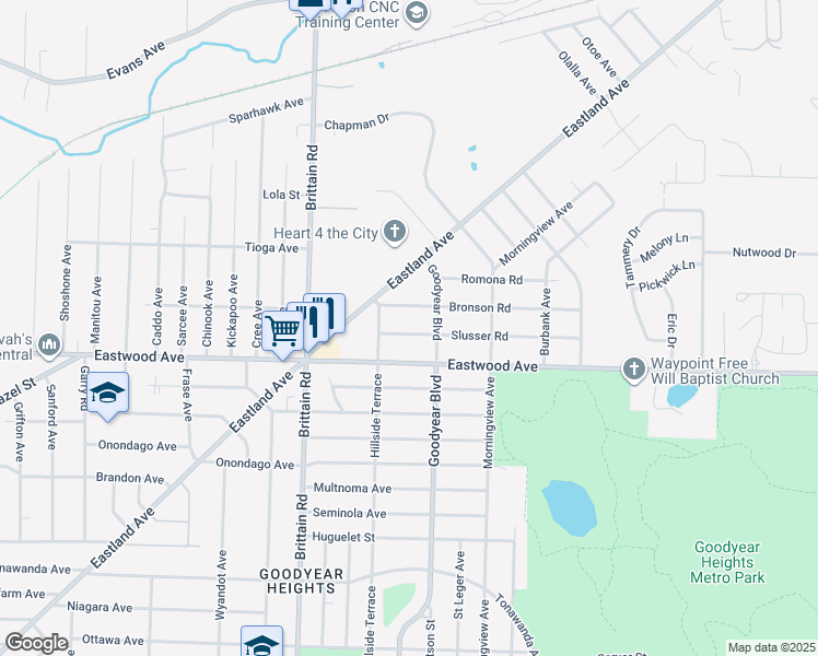 map of restaurants, bars, coffee shops, grocery stores, and more near 1537 Eastwood Avenue in Akron