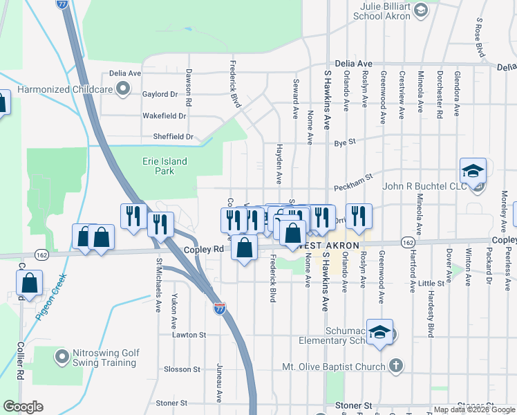 map of restaurants, bars, coffee shops, grocery stores, and more near 891 Frederick Boulevard in Akron
