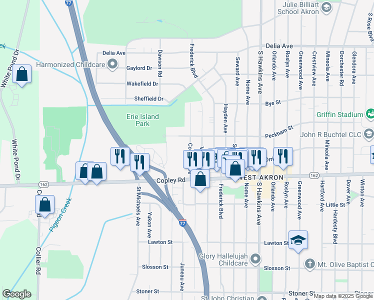 map of restaurants, bars, coffee shops, grocery stores, and more near 896 Cordova Avenue in Akron