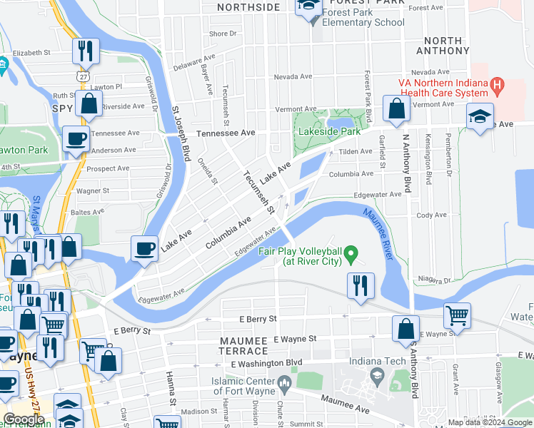 map of restaurants, bars, coffee shops, grocery stores, and more near 1121 Edgewater Avenue in Fort Wayne