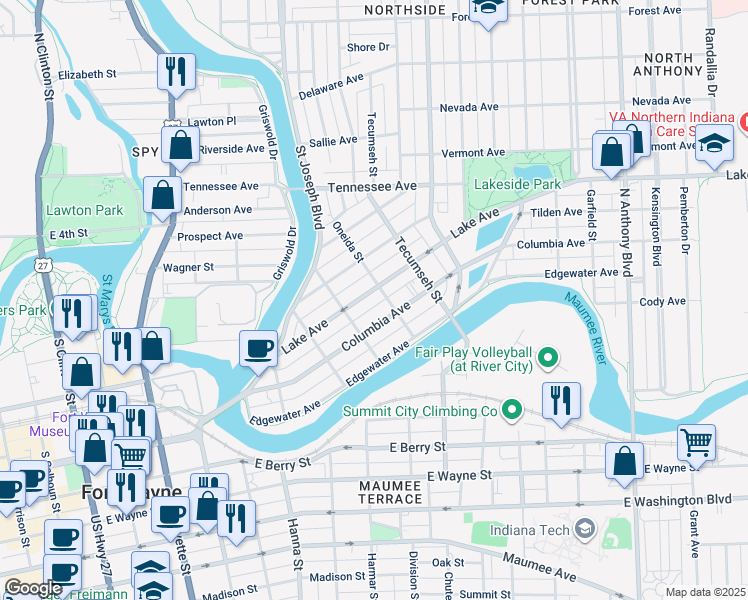 map of restaurants, bars, coffee shops, grocery stores, and more near 1018 Dearborn Street in Fort Wayne