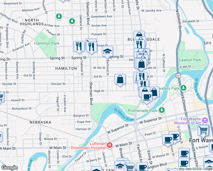 map of restaurants, bars, coffee shops, grocery stores, and more near 669 High Street in Fort Wayne