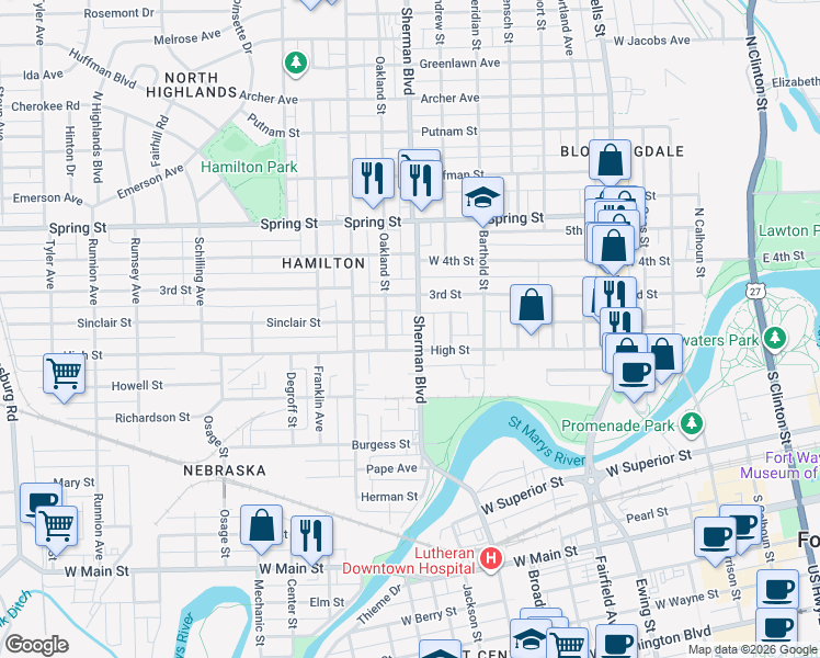 map of restaurants, bars, coffee shops, grocery stores, and more near 915 High Street in Fort Wayne