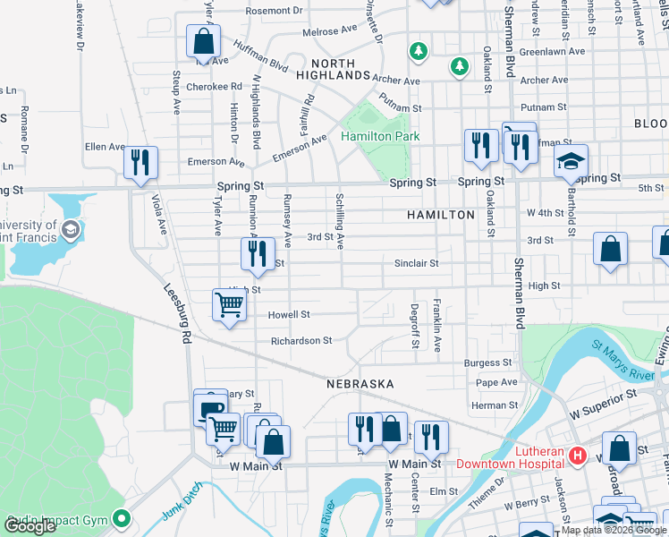map of restaurants, bars, coffee shops, grocery stores, and more near 1618 High Street in Fort Wayne