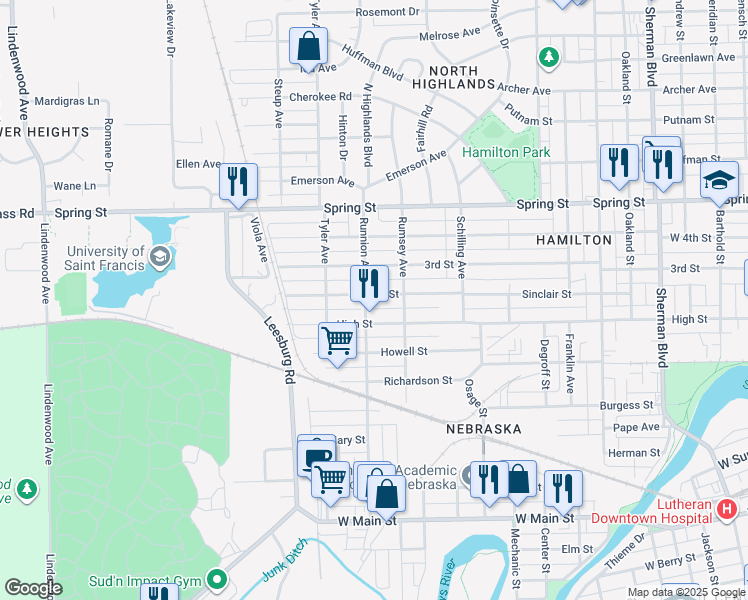 map of restaurants, bars, coffee shops, grocery stores, and more near 1728 High Street in Fort Wayne