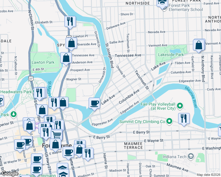 map of restaurants, bars, coffee shops, grocery stores, and more near 922 Rivermet Avenue in Fort Wayne